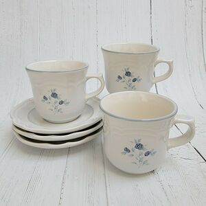 Vintage Pfaltzgraff Poetry Glossy Blue Rose cups and saucers, set of‎ 3